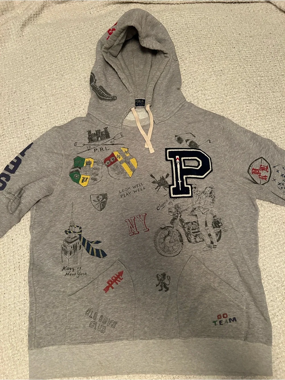 Large Polo Ralph Lauren Varsity Oxford Print Grey Hoodie